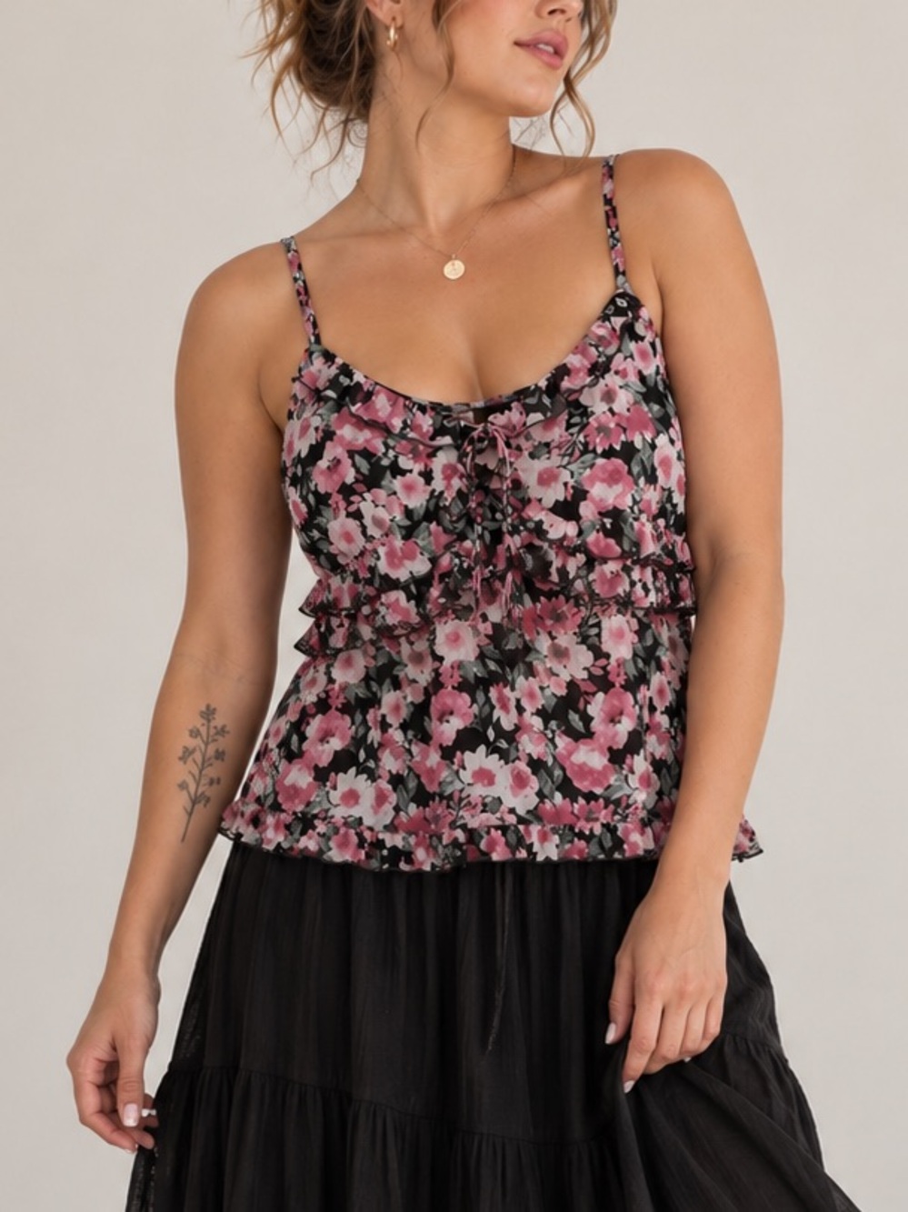 Floral Babydoll Cami 3X Pink Black Ruffle Y2K Coquette Cottagecore Plus Size